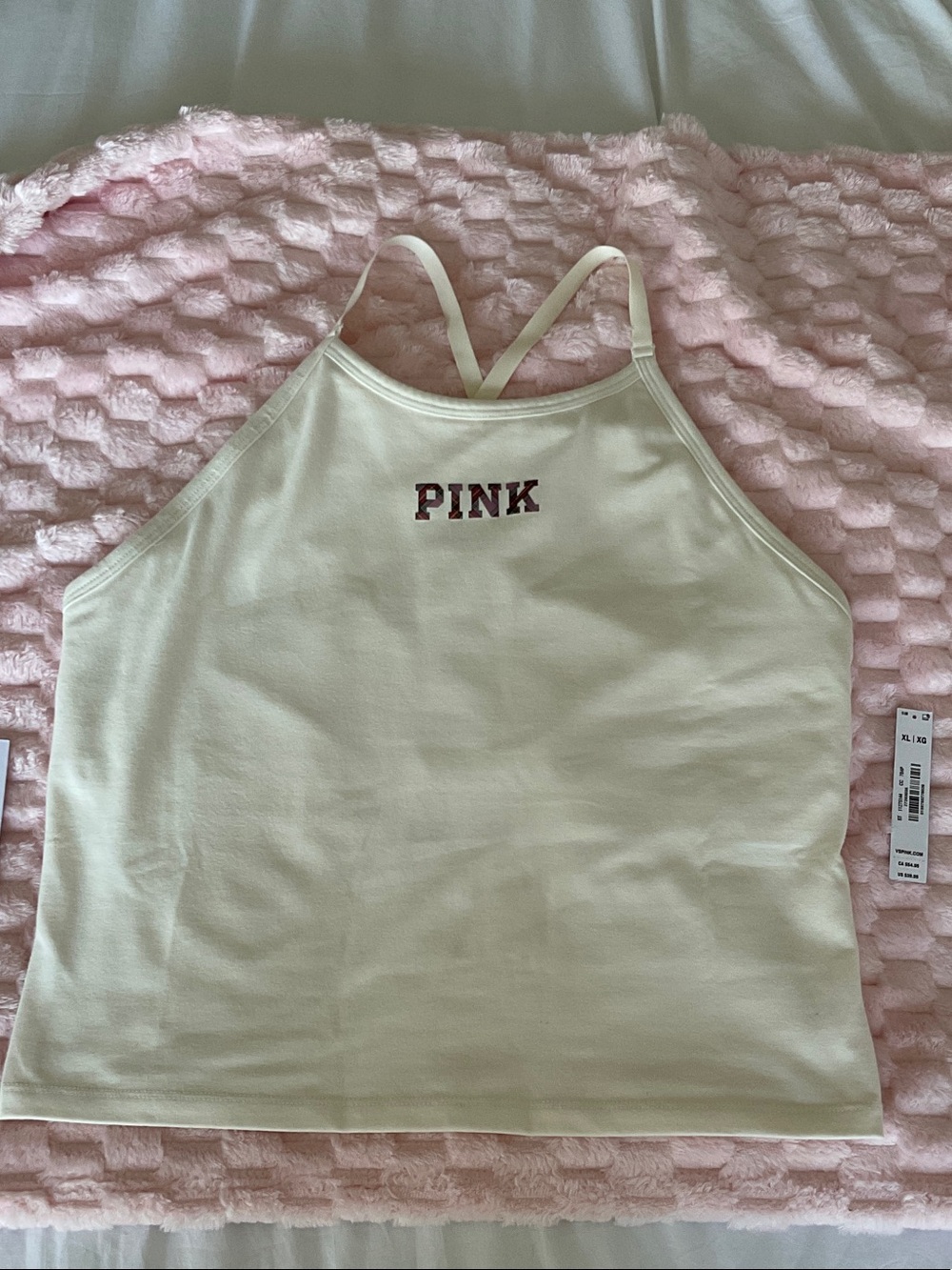 PINK Victoria's Secret Cream Logo Cropped Camisole with Pink Embroidery